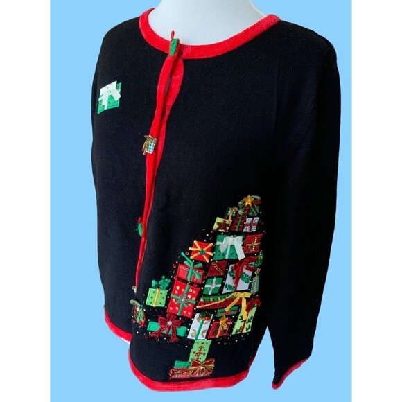 BEREK LADIES VINTAGE LS BLACK CHRISTMAS PACKAGE CARDIGAN SWEATER EUC L - Picture 6 of 6